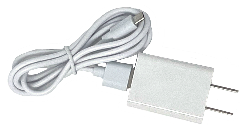 White charging cable and adapter on a white background