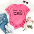 A bright pink graphic t-shirt with the text 'I CAN. I WILL.