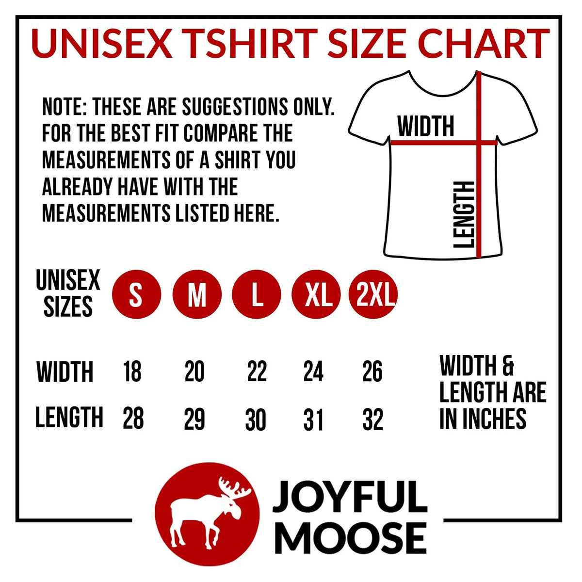 Unisex t-shirt size chart with measurements and Joyful Moose logo
