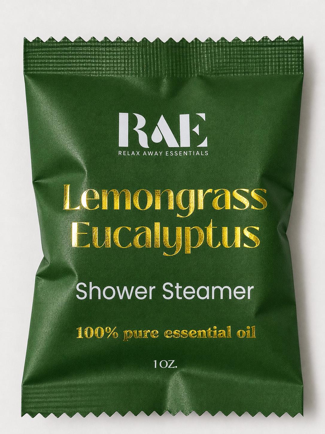 A single green resealable sachet of RAE Relax Away Essentials Lemongrass Eucalyptus Shower Steamer, featuring white and gold text on a light gray background.