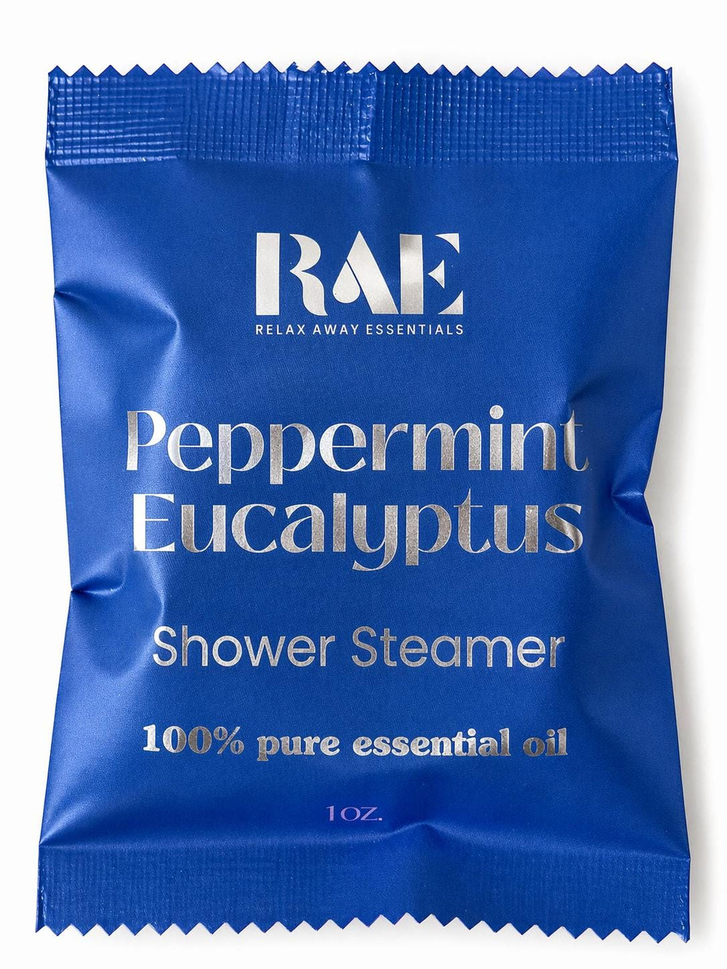 Blue package of RAE Peppermint Eucalyptus Shower Steamer on a white background