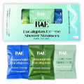 A 6-pack of RAE Eucalyptus Escape Shower Steamers shown with the retail box above and three individual sachets below on a white background. The sachets are blue for Peppermint Eucalyptus, green for Lemongrass Eucalyptus, and pale mint green for Eucalyptus Menthol.