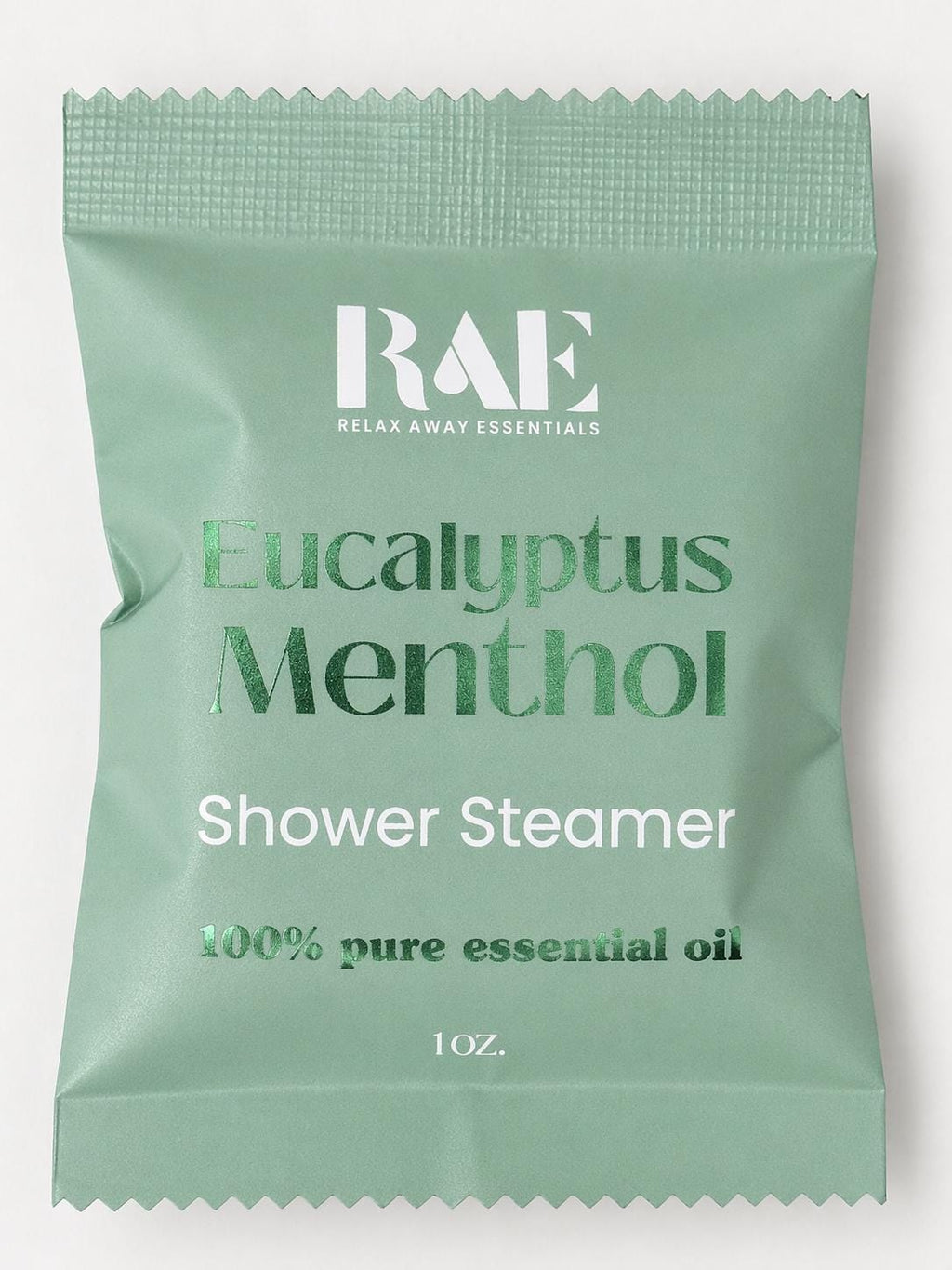 A single 1 oz packet of RAE Relax Away Essentials Eucalyptus Menthol Shower Steamer, featuring a light sage green packaging with white and dark green text.