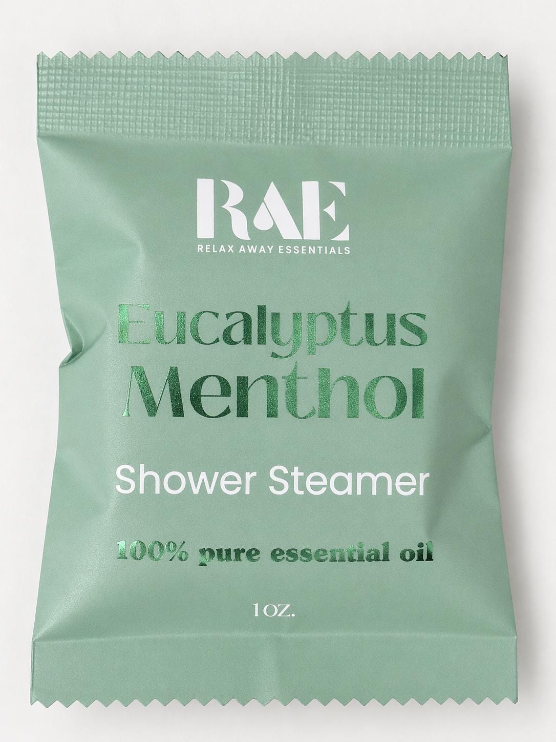 A single 1 oz packet of RAE Relax Away Essentials Eucalyptus Menthol Shower Steamer, featuring a light sage green packaging with white and dark green text.