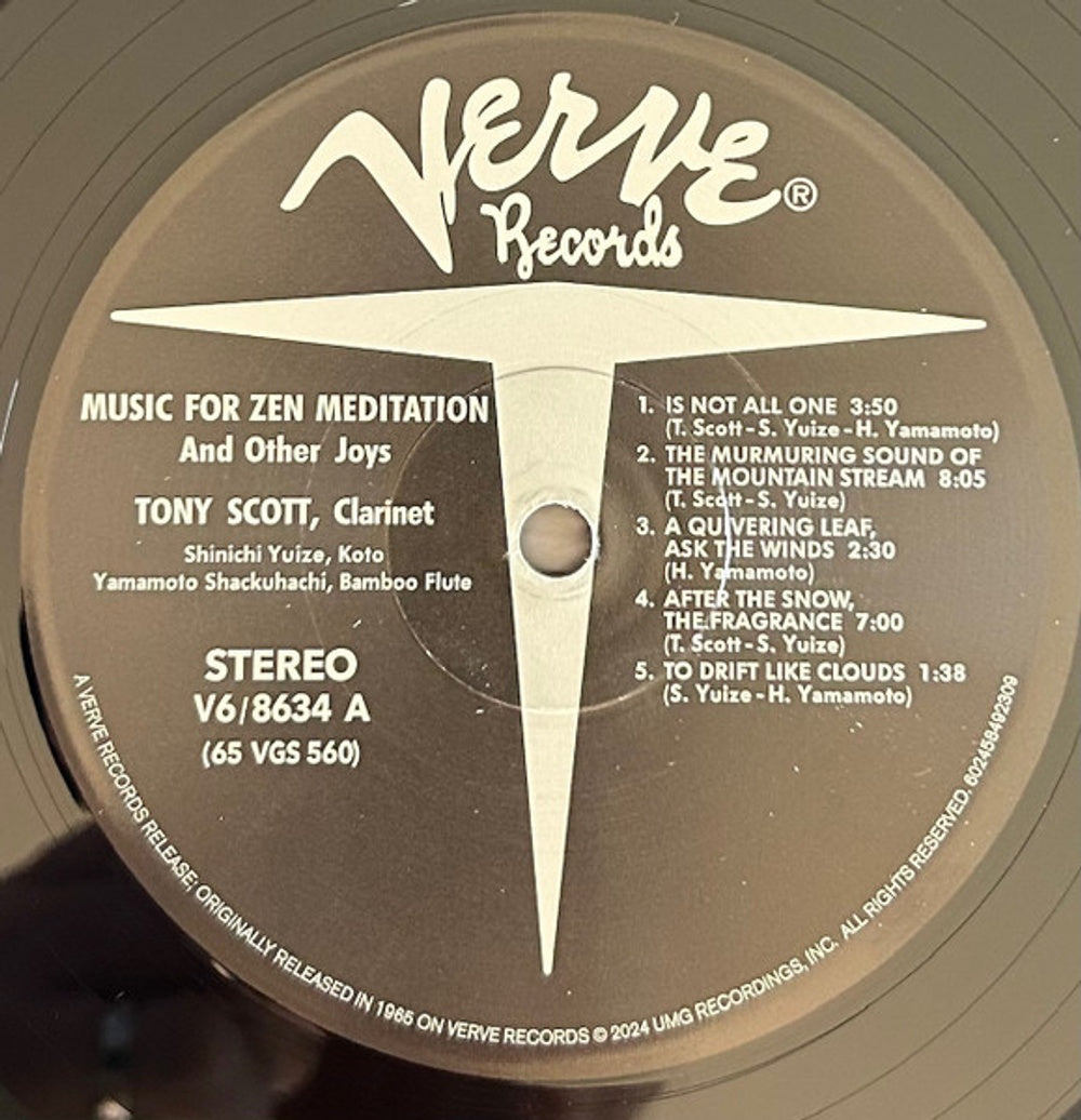 A vinyl record label from Verve Records featuring the tracklist for 'Music for Zen Meditation' by Tony Scott, with the Verve logo at the top and track numbers listed on the right.