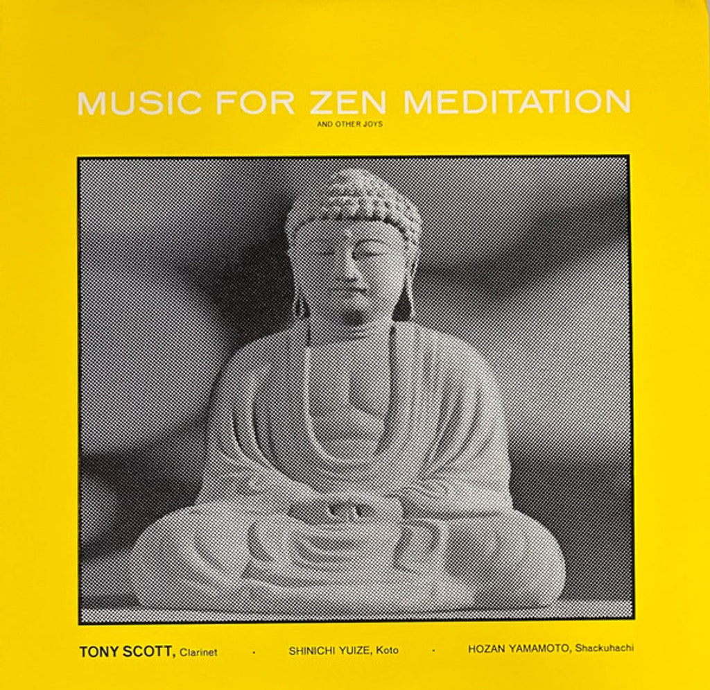 A square book or album cover with a bright yellow background and a large grayscale photo of a seated Buddha statue in the center. White text at the top reads “MUSIC FOR ZEN MEDITATION” and smaller text below appears to read “AND OTHERS 2015.
