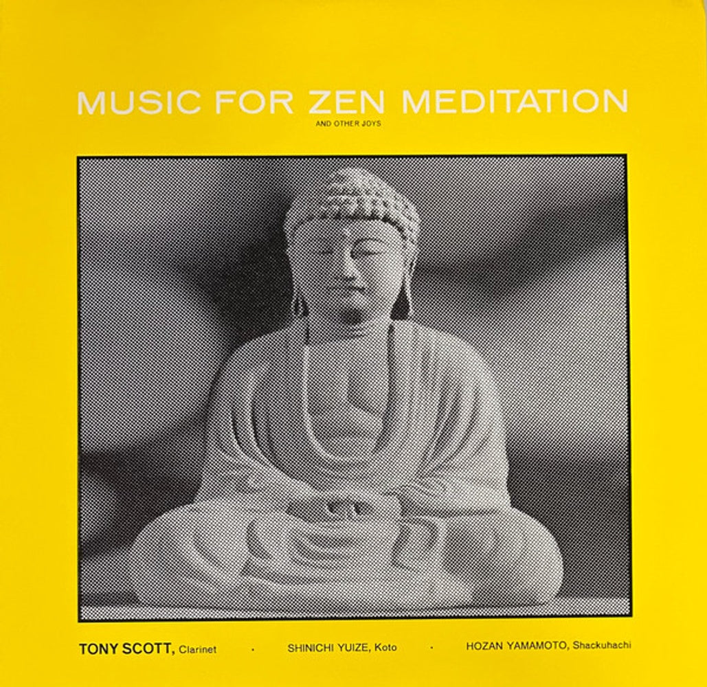 A square book or album cover with a bright yellow background and a large grayscale photo of a seated Buddha statue in the center. White text at the top reads “MUSIC FOR ZEN MEDITATION” and smaller text below appears to read “AND OTHERS 2015.