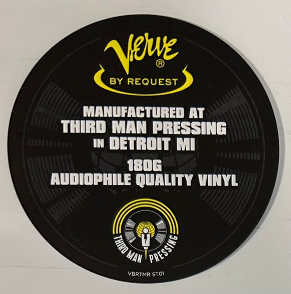 A circular black vinyl record sleeve or sticker with yellow and white text reading 'Verve By Request' and 'Manufactured at Third Man Pressing in Detroit MI 180G Audiophile Quality Vinyl.'.