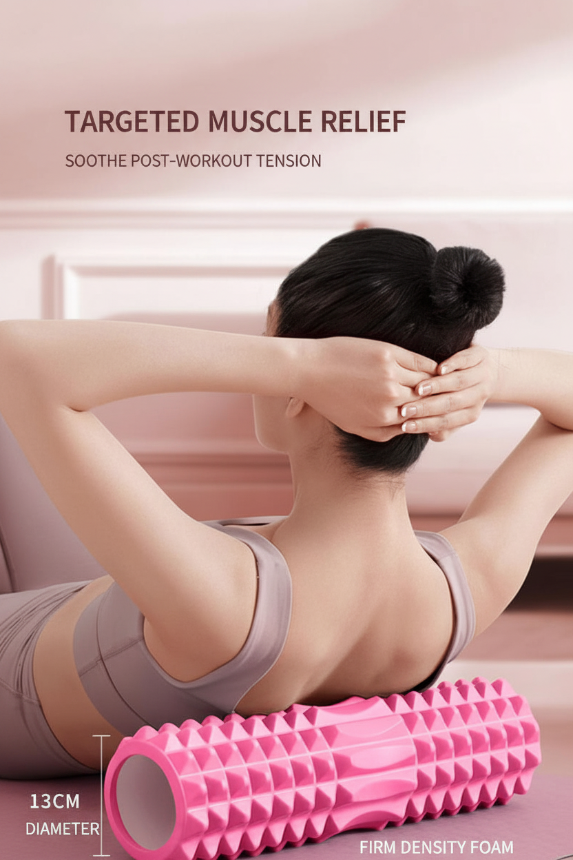 A woman in a gray sports bra lies on her back with her arms behind her head, using a bright pink foam roller for muscle relief. Text at the top reads 'TARGETED MUSCLE RELIEF' and 'SOOTH POST-WORKOUT TENSION,' with size text noting '13CM DIAMETER' and 'FIRM DENSITY FOAM' at the bottom.