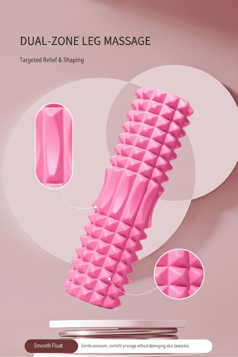 Pink dual-zone leg massage device with textured pyramid and smooth sections, shown on a soft beige background with text and circular detail insets.