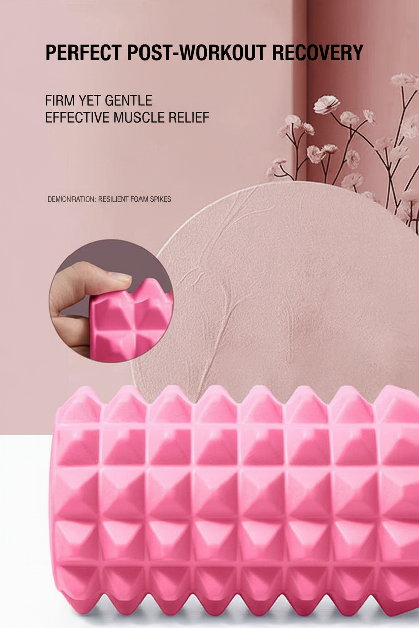 Pink textured foam roller with pyramid-shaped spikes, shown with marketing text and a hand demonstrating compression in a circular inset.