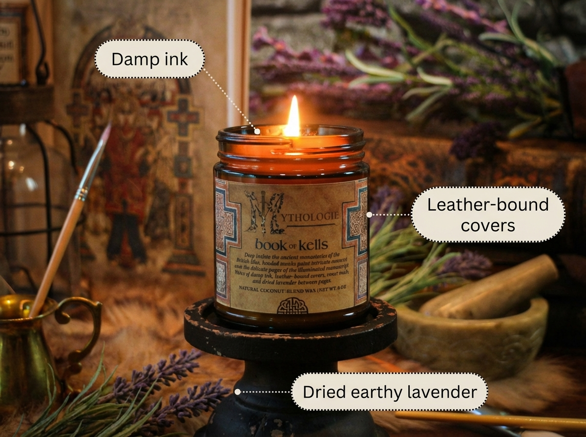 Candle in a jar with decorative text, surrounded by dried lavender and rustic items.