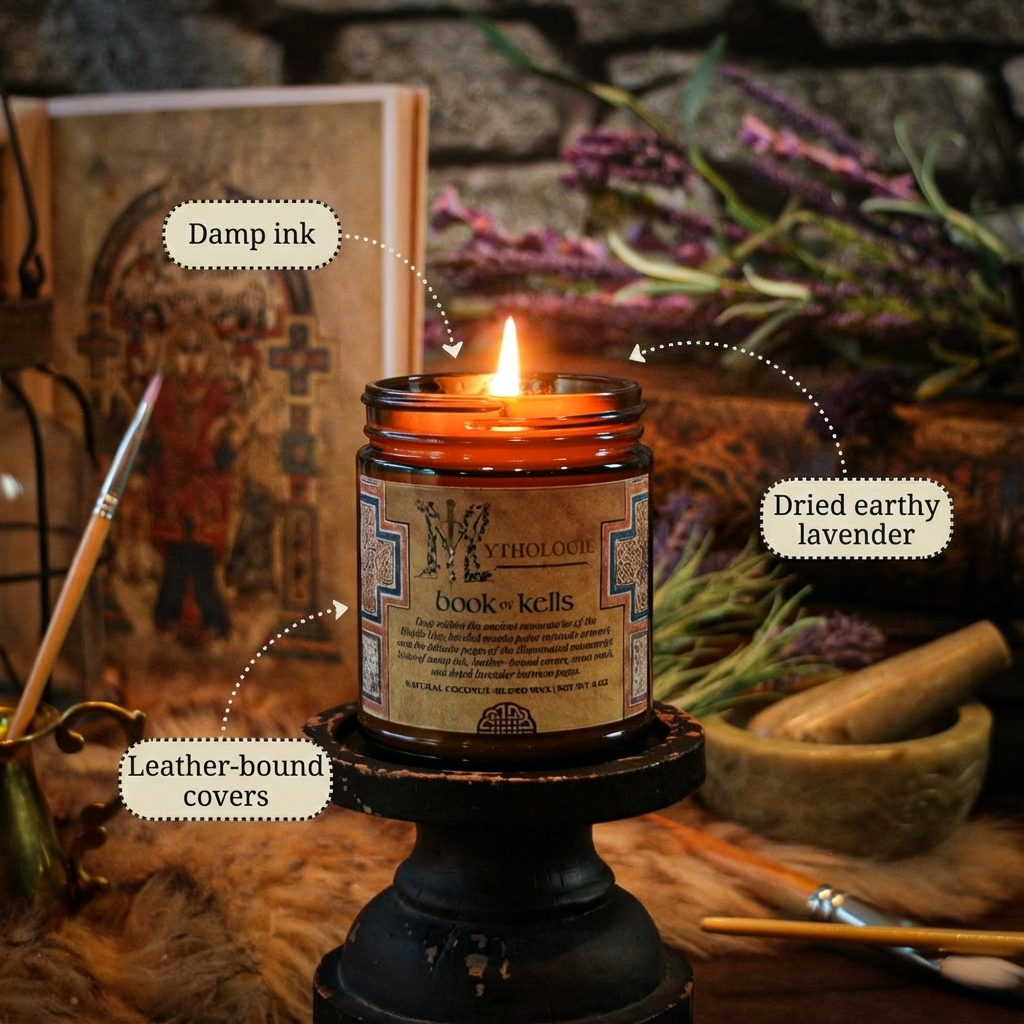 A lit amber glass jar candle on a dark pedestal, surrounded by styled props including dried lavender, leather-bound books, and paintbrushes. Callout labels point to the candle ingredients: damp ink, dried earthy lavender, and leather-bound covers.