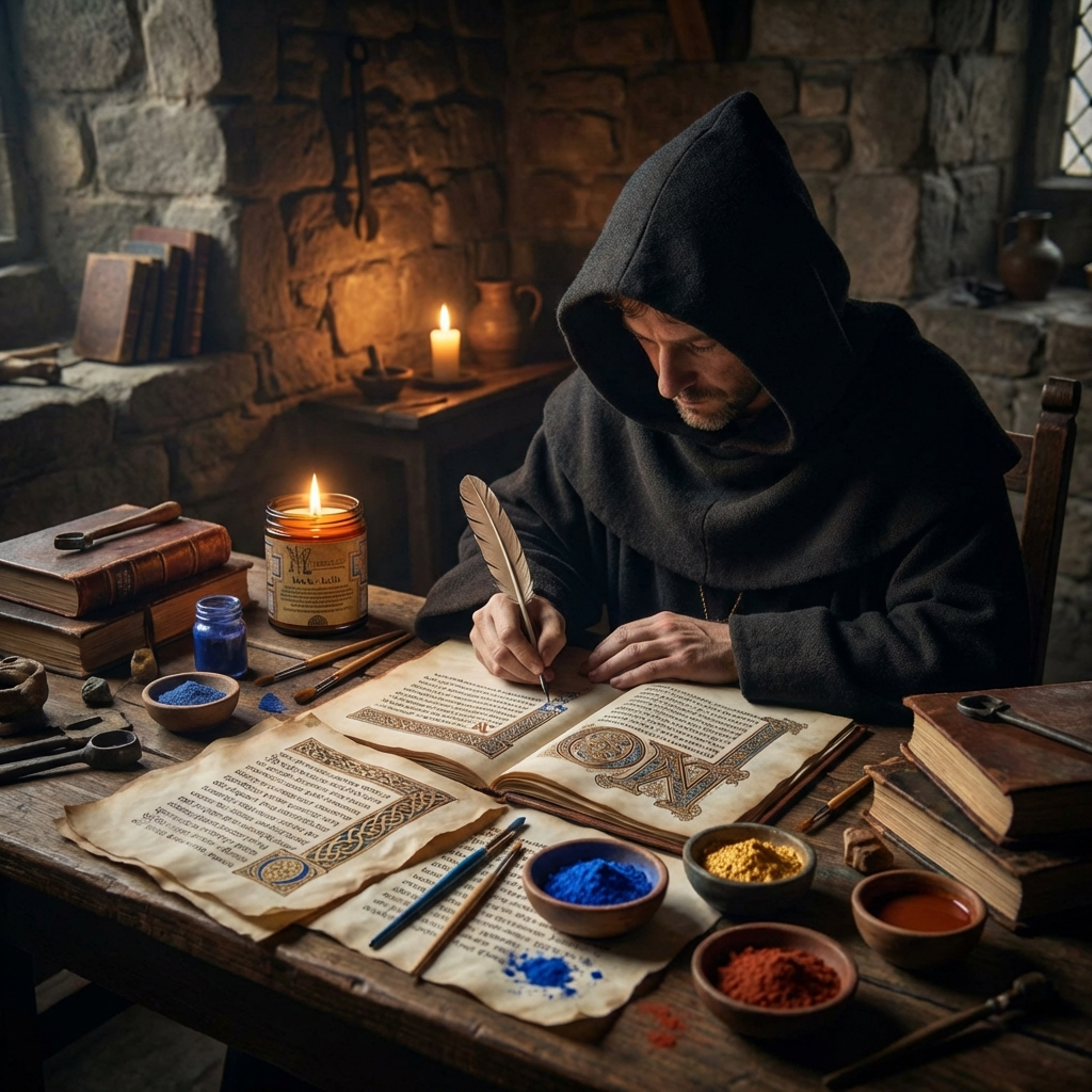 Man in a dark hood writing at a table with books and candles in a stone room.