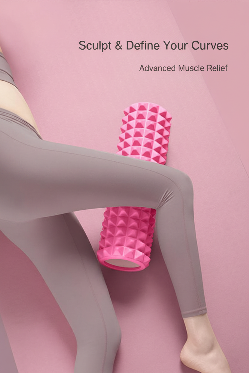 A person in gray leggings lies on a pink background, using a pink textured foam roller for muscle relief. Text at the top reads, 'Sculpt & Define Your Curves' and 'Advanced Muscle Relief.