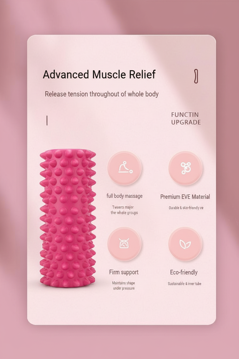 A pink textured massage foam roller displayed on a light pink promotional card with text reading 'Advanced Muscle Relief' and feature callouts, set against a soft pink background.