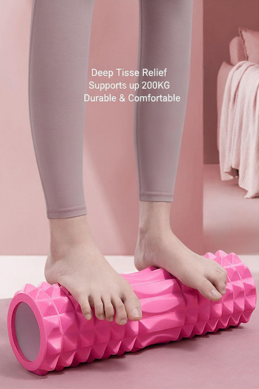 A pink foam roller with a ribbed, textured surface being used by a person's feet, set against a soft pink bedroom background with text overlay 'Deep Tissue Relief Supports up 200KG Durable & Comfortable'.