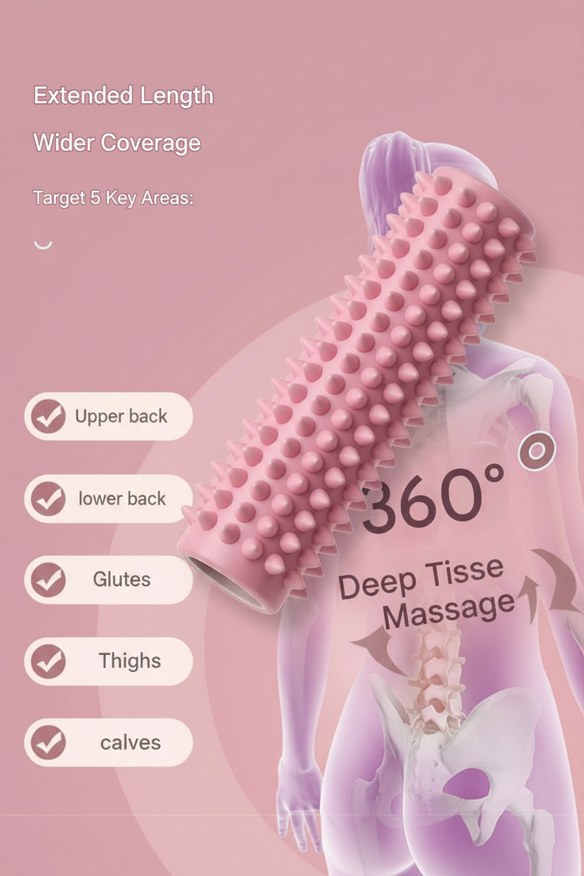 Pink textured massage roller with nubs shown over a stylized human torso on a pink background, with text highlighting extended length, wider coverage, target areas, and 360° deep tissue massage.