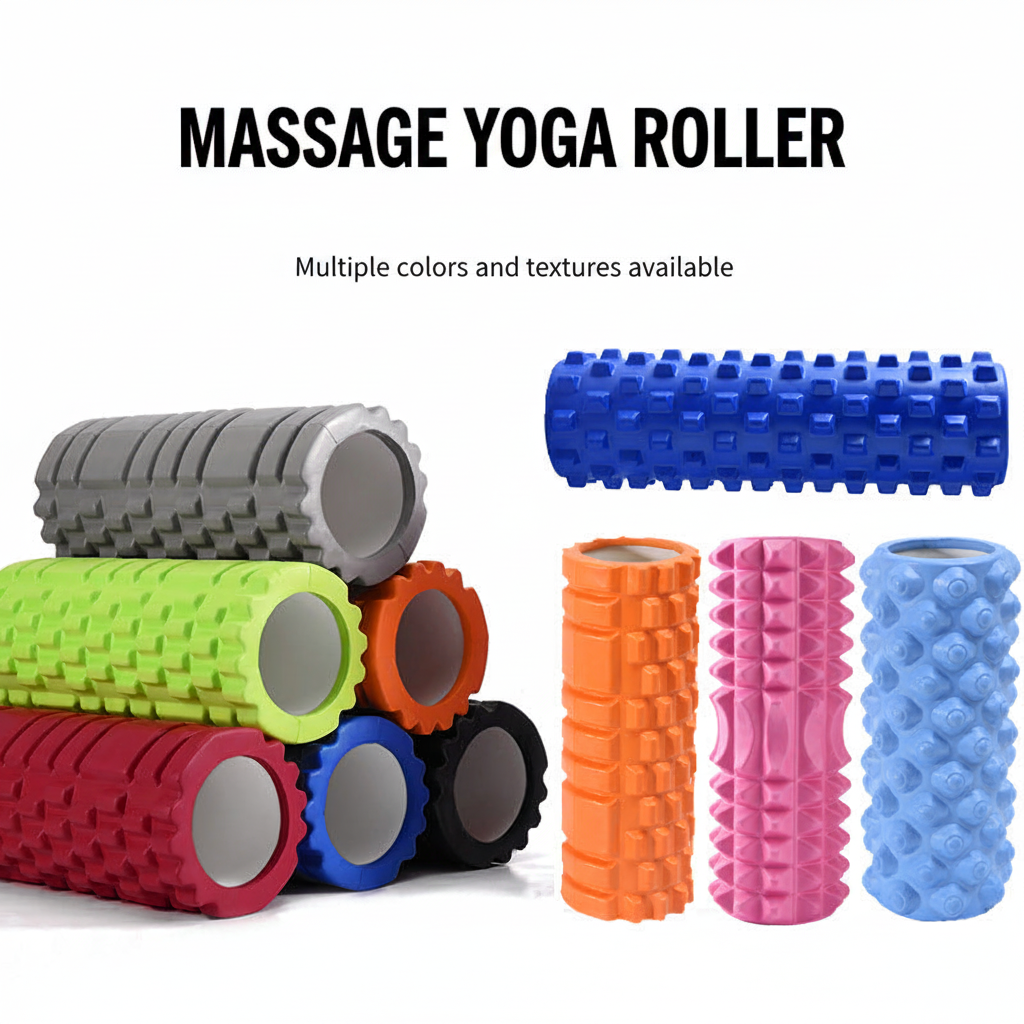 Massage yoga foam roller set shown in multiple colors and textured types on a white background, with text reading 'MASSAGE YOGA ROLLER' and 'Multiple colors and textures available'.