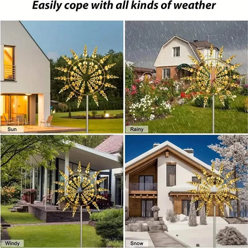 Four scenes of a gold kinetic wind sculpture-spinner in yards of homes.