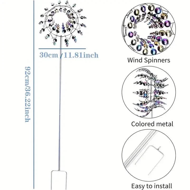 Graphics of a kinetic wind sculpture-spinner showing the dimensions