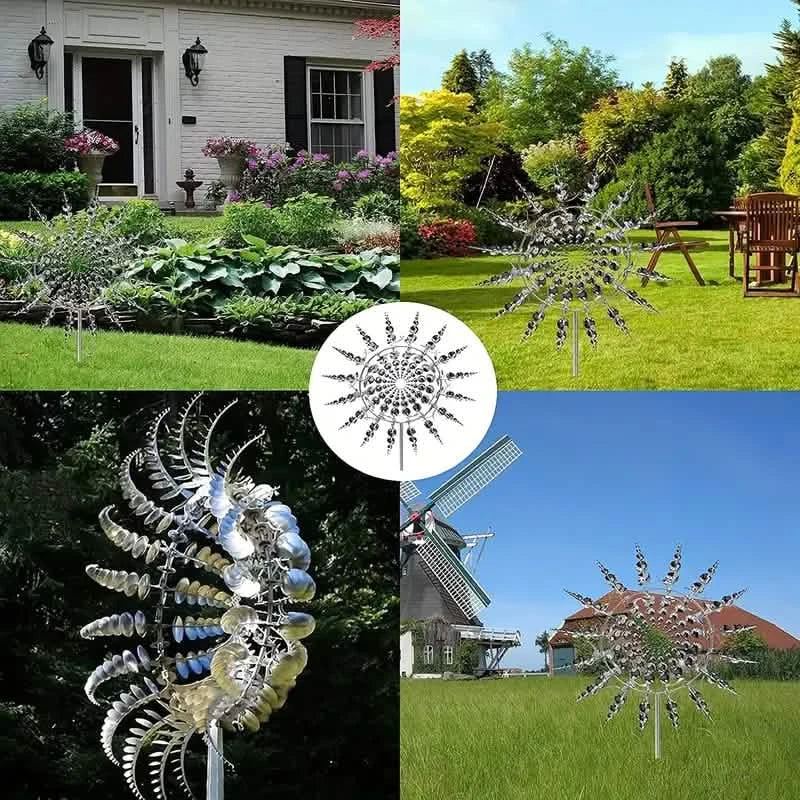 Four outdoor scenes of kinetic wind sculpture-spinners