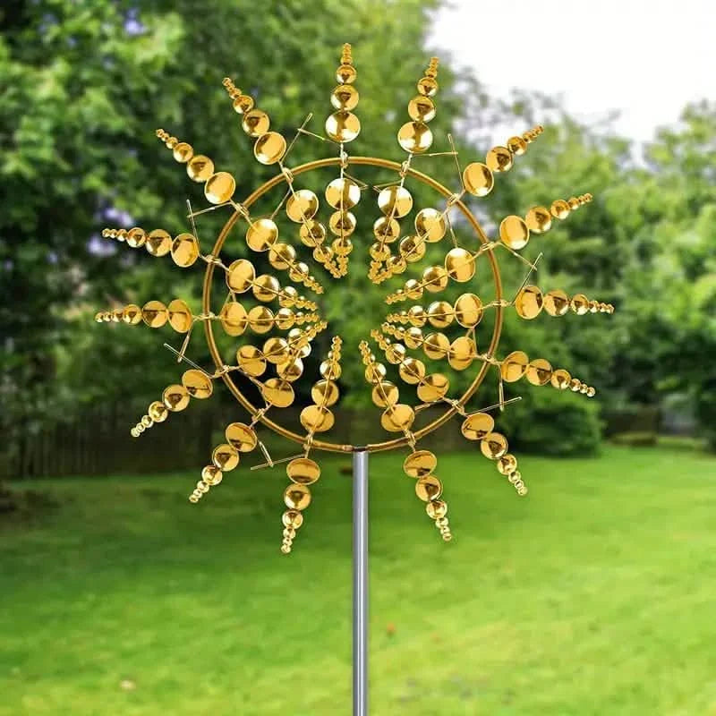 A gold kinetic wind sculpture-spinner.