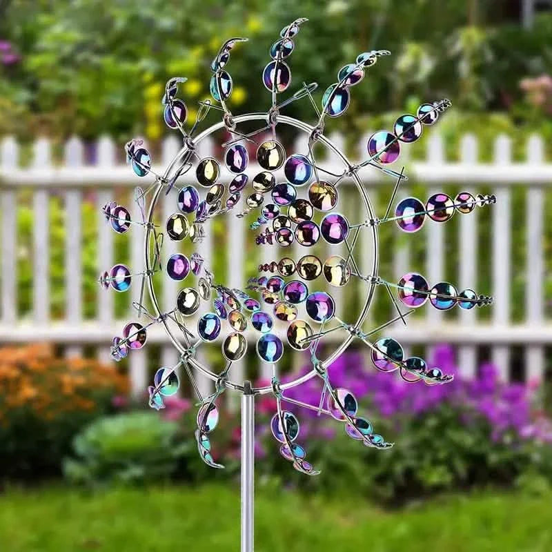A multi-color kinetic wind sculpture-spinner.