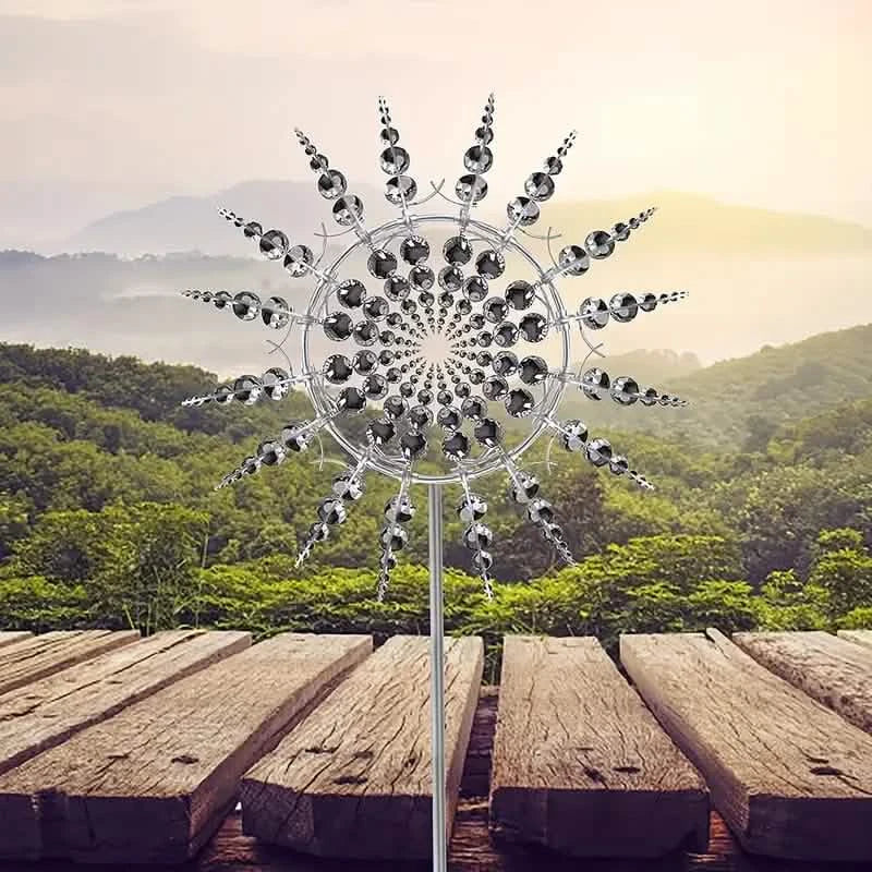 A Four versions of a kinetic wind sculpture-spinner outdoor in the daylight.
