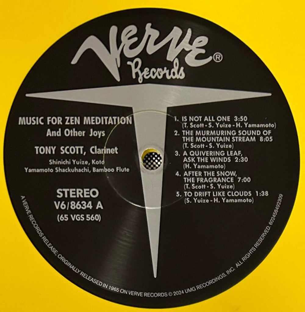 A circular black vinyl record label from Nerve Records featuring Tony Scott's 'Music for Zen Meditation' on the clarinet, with tracklist text and a bright yellow background.
