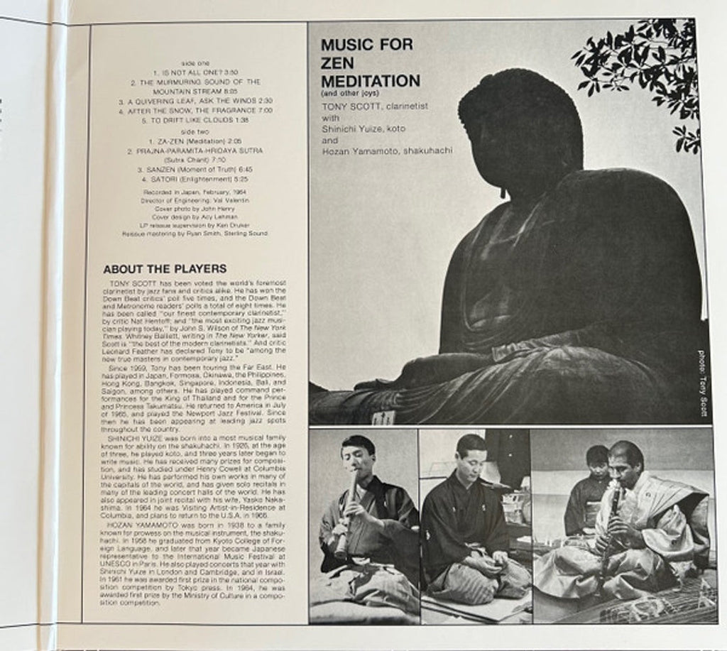 A printed booklet or program page spread showing cover text for 'Music for Zen Meditation' with track listings, an illustration of a seated figure, and small photos of musicians at the bottom.