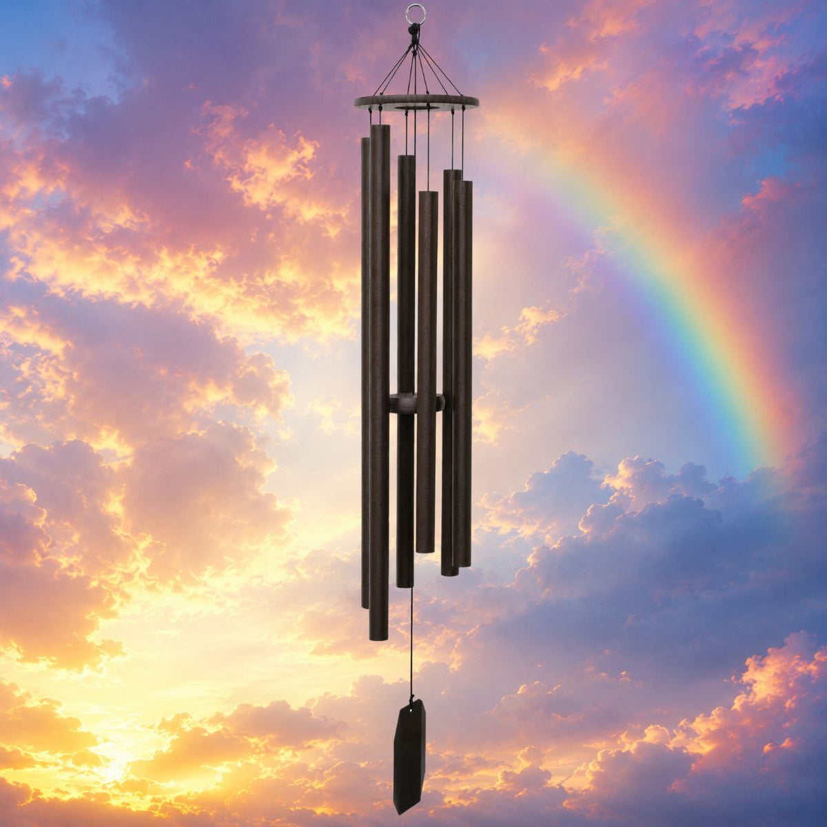Wind chime against a colorful sky with a rainbow