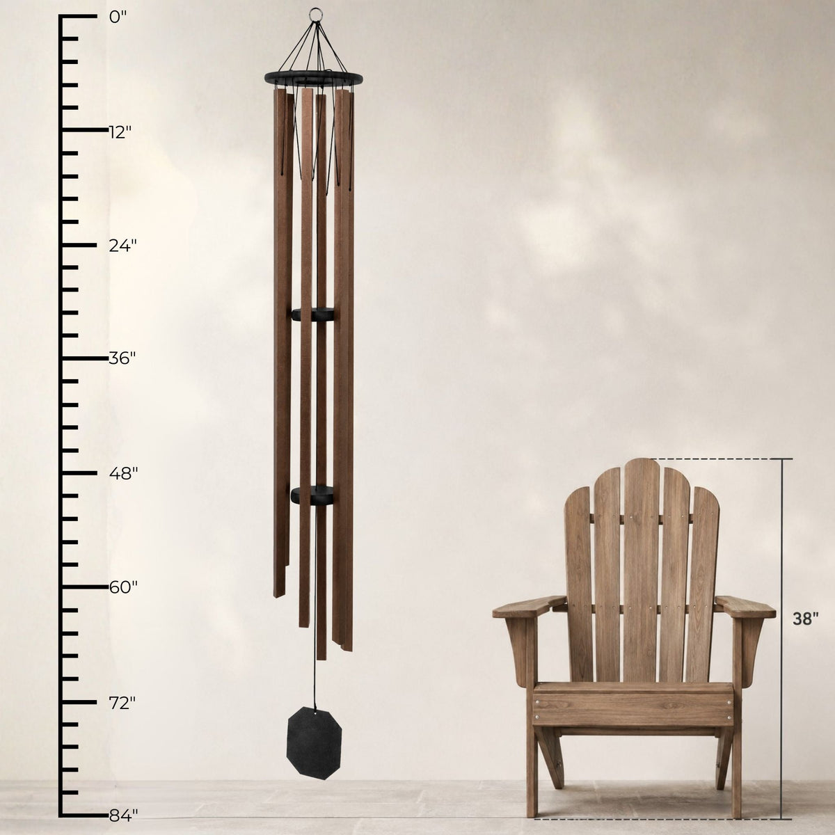 Wooden wind chime next to a wooden chair with measurements on a plain background