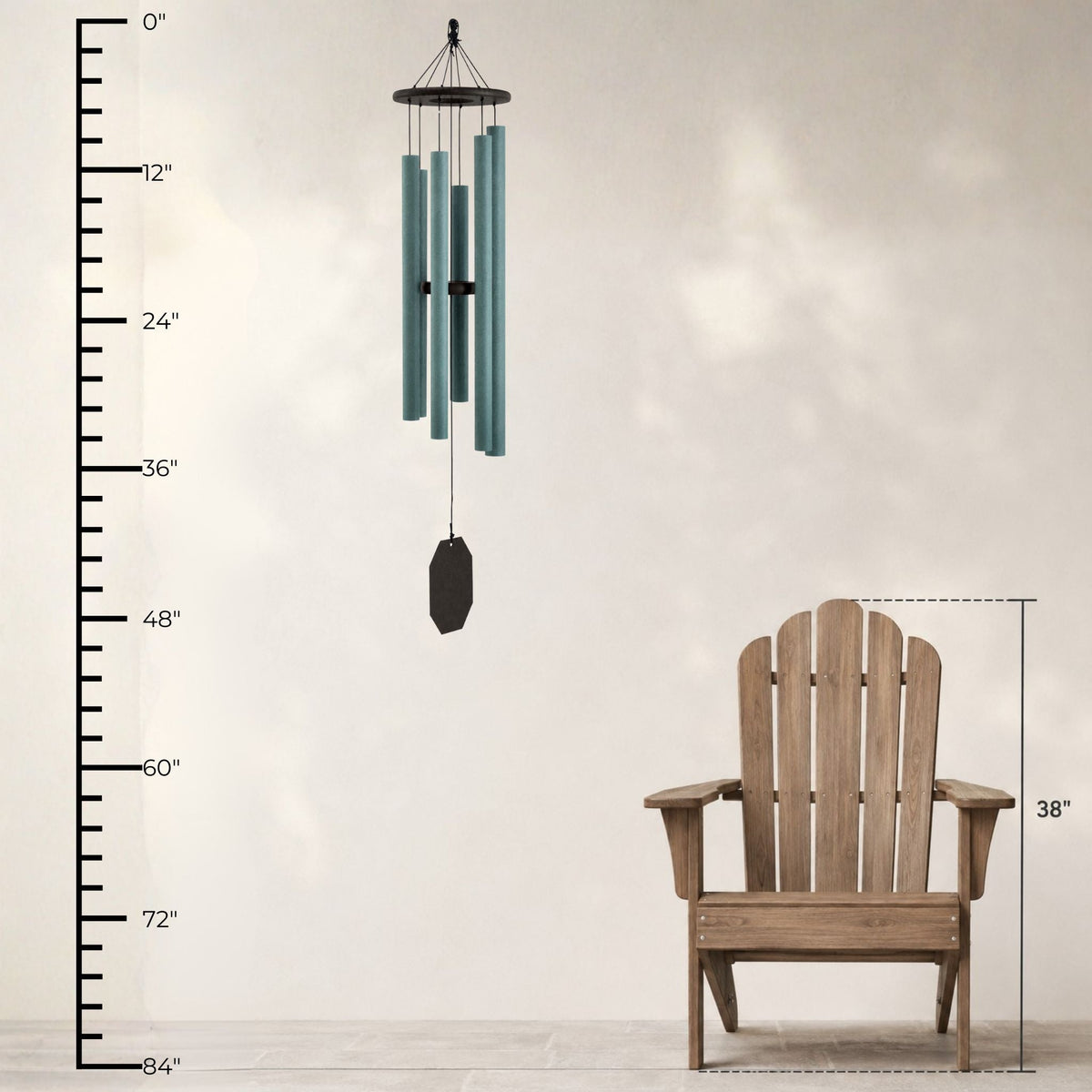 Solar-powered wind chime with 'Solar Singer' next to a wooden chair, and measurements on the left of the chimes.