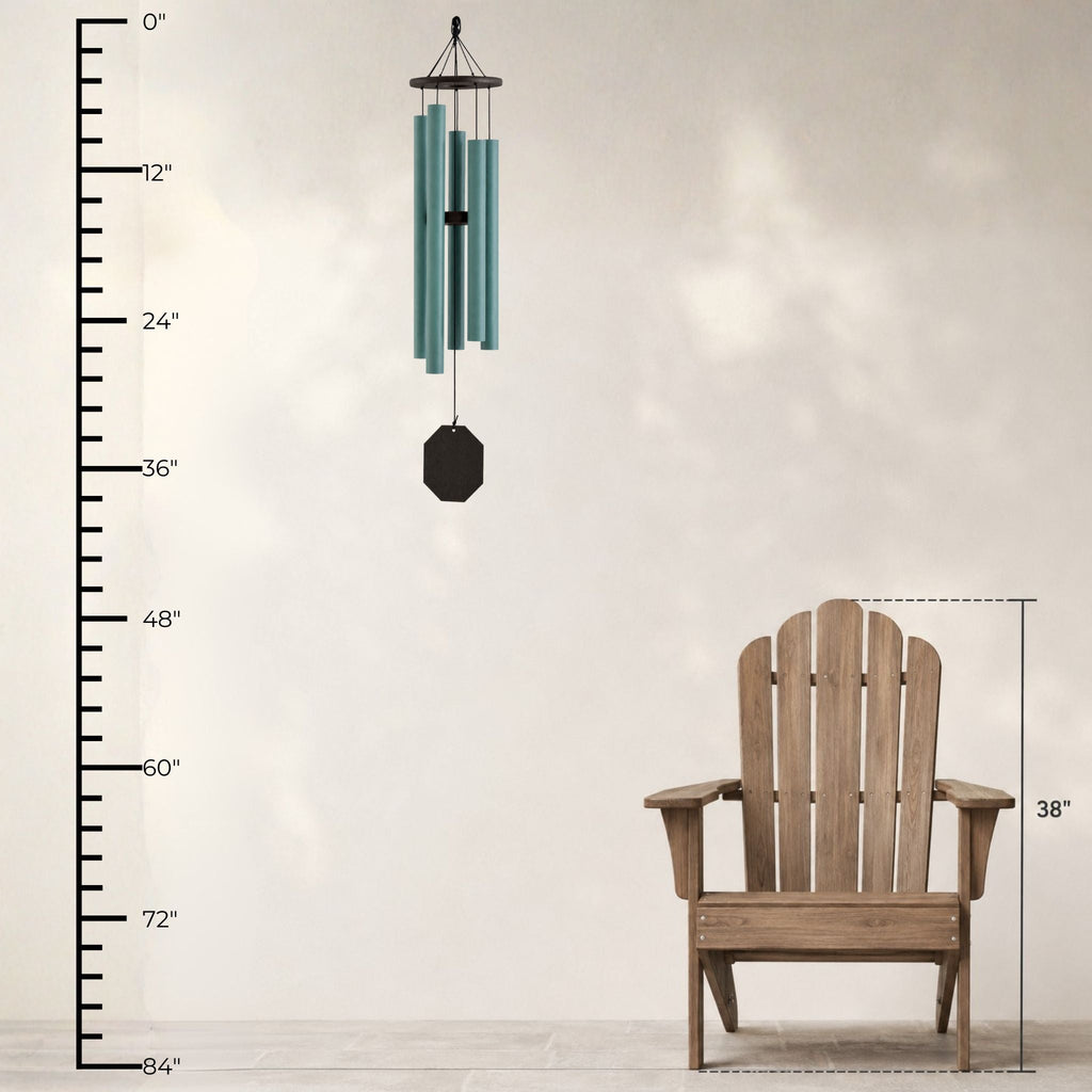 Solar-powered wind chime with 'Solar Singer', a wooden chair, and measurements.