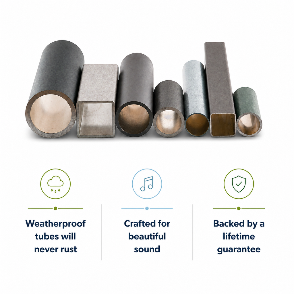 Set of metal tubes with weatherproof, sound quality, and guarantee icons and text on a white background.