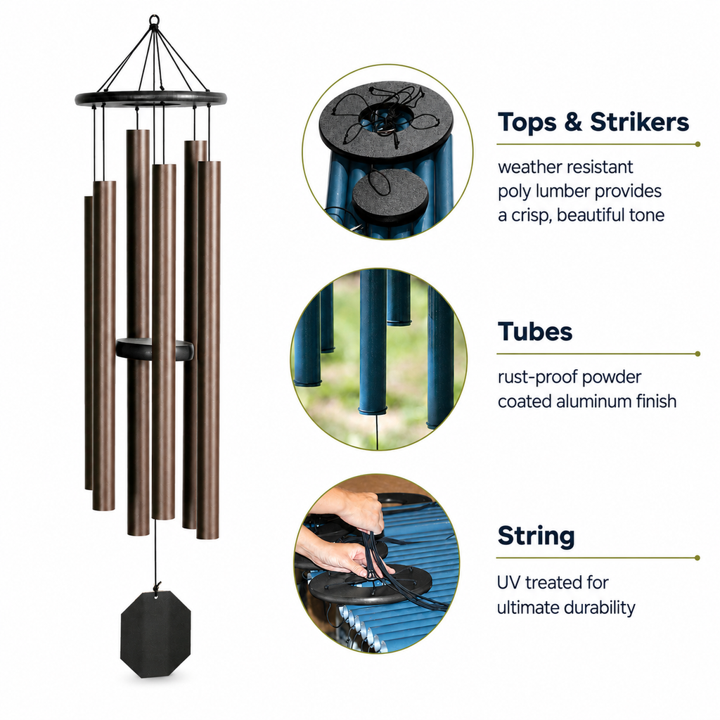 Solar-powered wind chime with 'Solar Singer' and details against a white background.