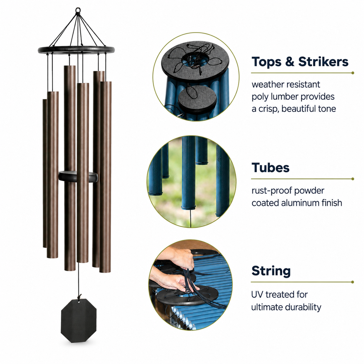 Solar-powered wind chime with 'Solar Singer' and details against a white background.