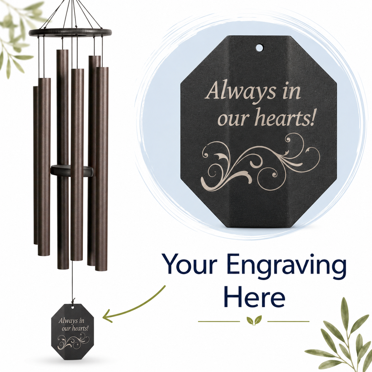 Decorative wind chime with engraved message on a white background