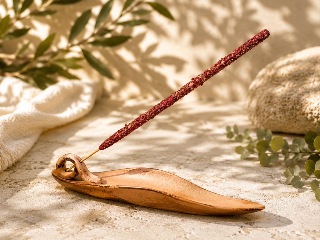 Incense burner shaped like a leaf holding a reddish incense stick