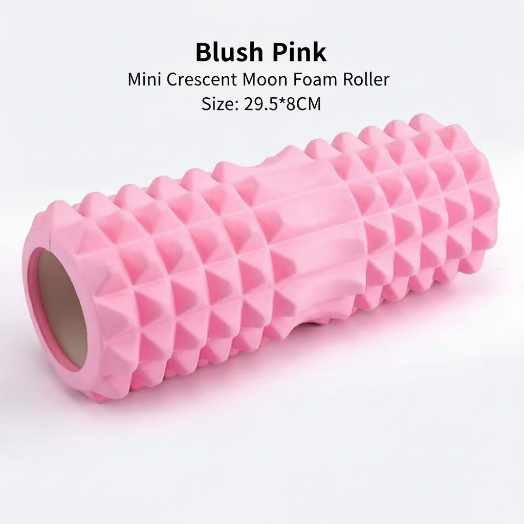 A blush pink mini crescent moon foam roller with a textured, pyramidal surface, shown on a clean white background with text overlay detailing its color and dimensions.