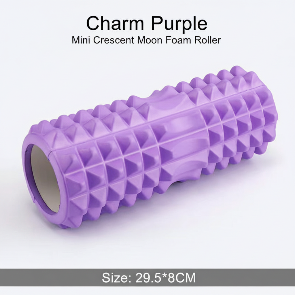 A purple mini crescent moon foam roller with a textured pyramid pattern, shown on a white background with text overlays reading 'Charm Purple' and 'Size: 29.5*8CM'.