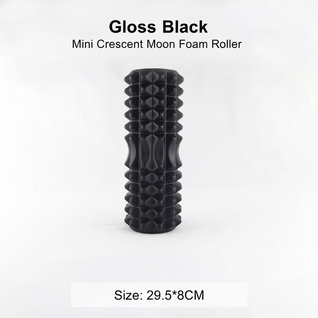 A black mini crescent moon foam roller with a textured, diamond-patterned surface, shown on a white background with text overlays indicating 'Gloss Black' and size details.