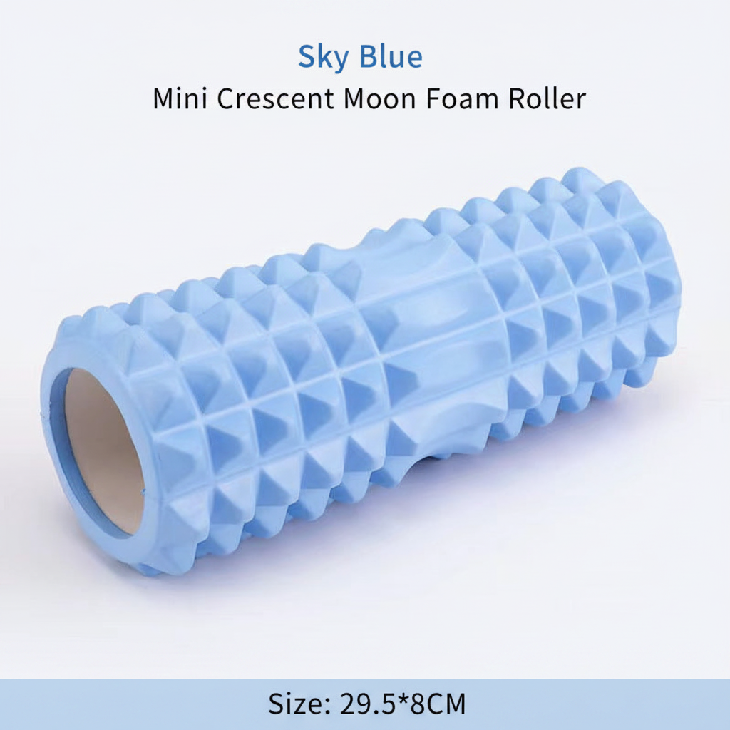 A light blue mini crescent moon foam roller with a textured, raised pattern, shown on a white background with text overlays indicating the color and dimensions.