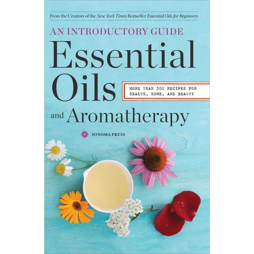 Book cover of 'Essential Oils and Aromatherapy' with flowers and a cup on a blue background