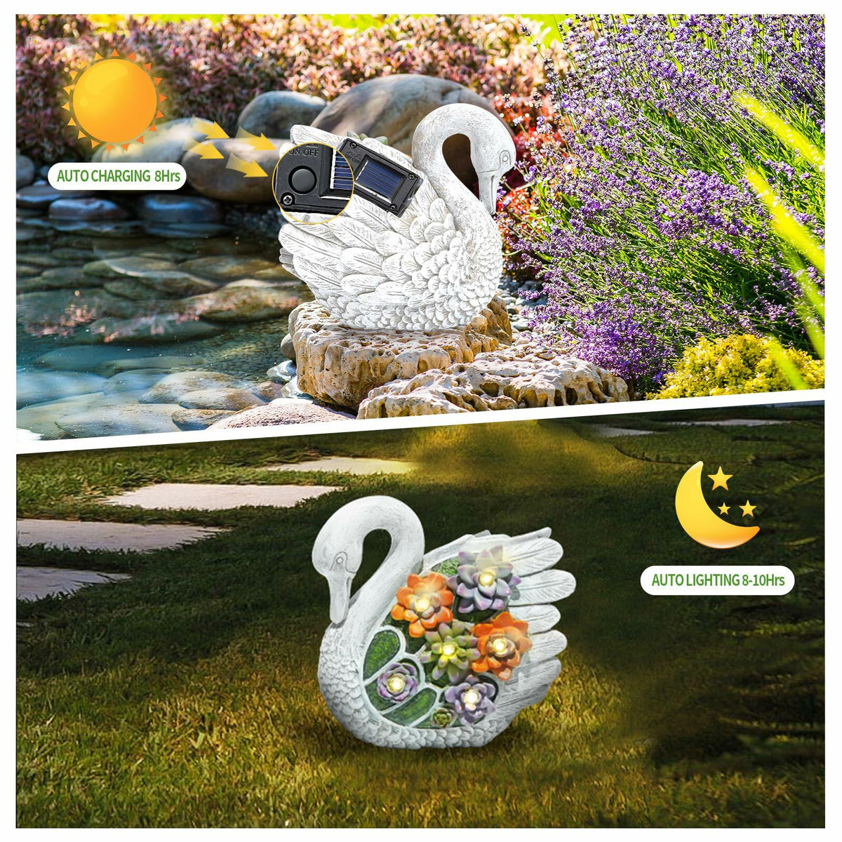ENOU Solar Garden Swan Statue Outdoor Patio Yard Decor White Metal