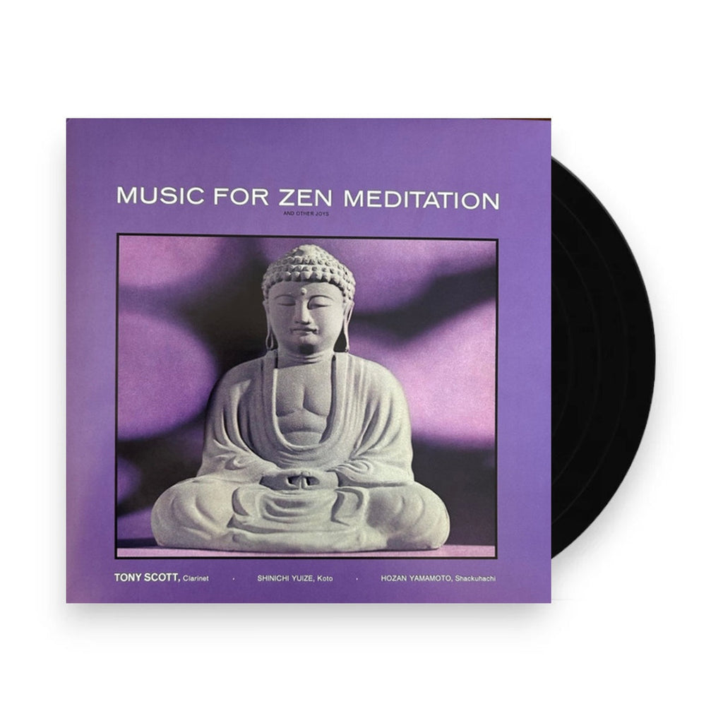 Vinyl record album cover titled "MUSIC FOR ZEN MEDITATION" with a seated Buddha statue photo on a purple background, shown with part of the black record peeking out behind it on a white background.