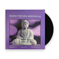 Vinyl record album cover titled "MUSIC FOR ZEN MEDITATION" with a seated Buddha statue photo on a purple background, shown with part of the black record peeking out behind it on a white background.