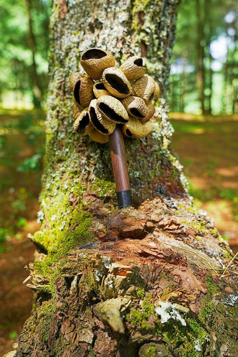 Decorative Panji Pod Shaker  with wooden handle set against a tree.