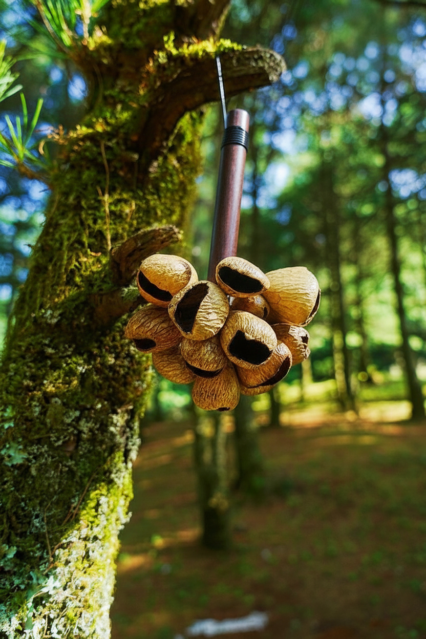A cluster of natural tan bird bells hanging from a mossy tree branch in a sunlit forest.